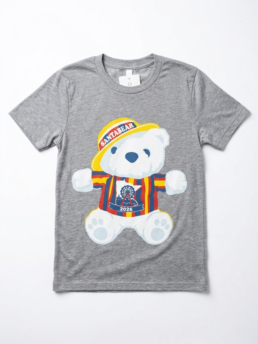 A heather gray short-sleeve t-shirt featuring a large graphic of Summer Santabear wearing a yellow cap and a red, yellow, and blue striped jersey.