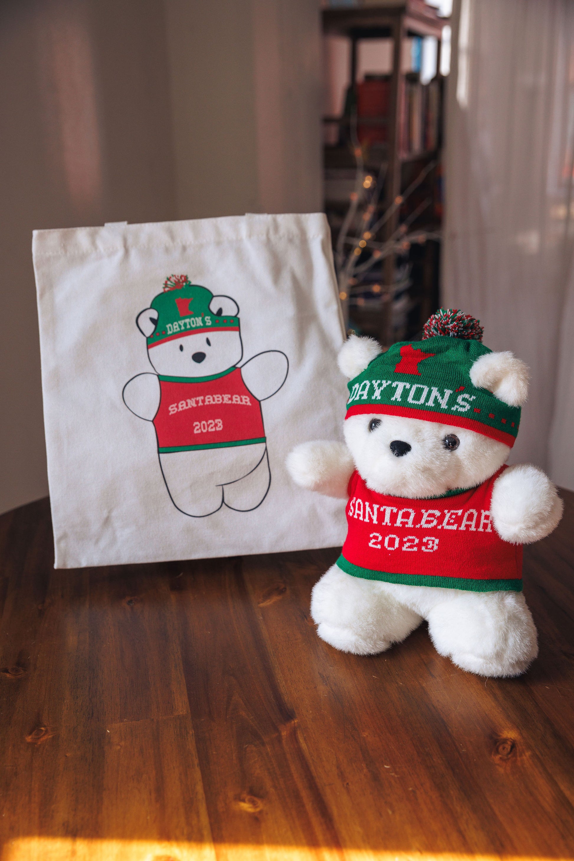 White teddy bear in a red sweater and green hat next to a tote bag with a similar design on a wooden surface.