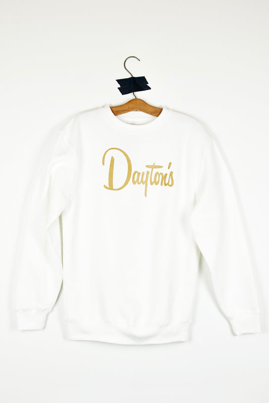 White sweatshirt with 'Dayton's' text on a hanger against a white background
