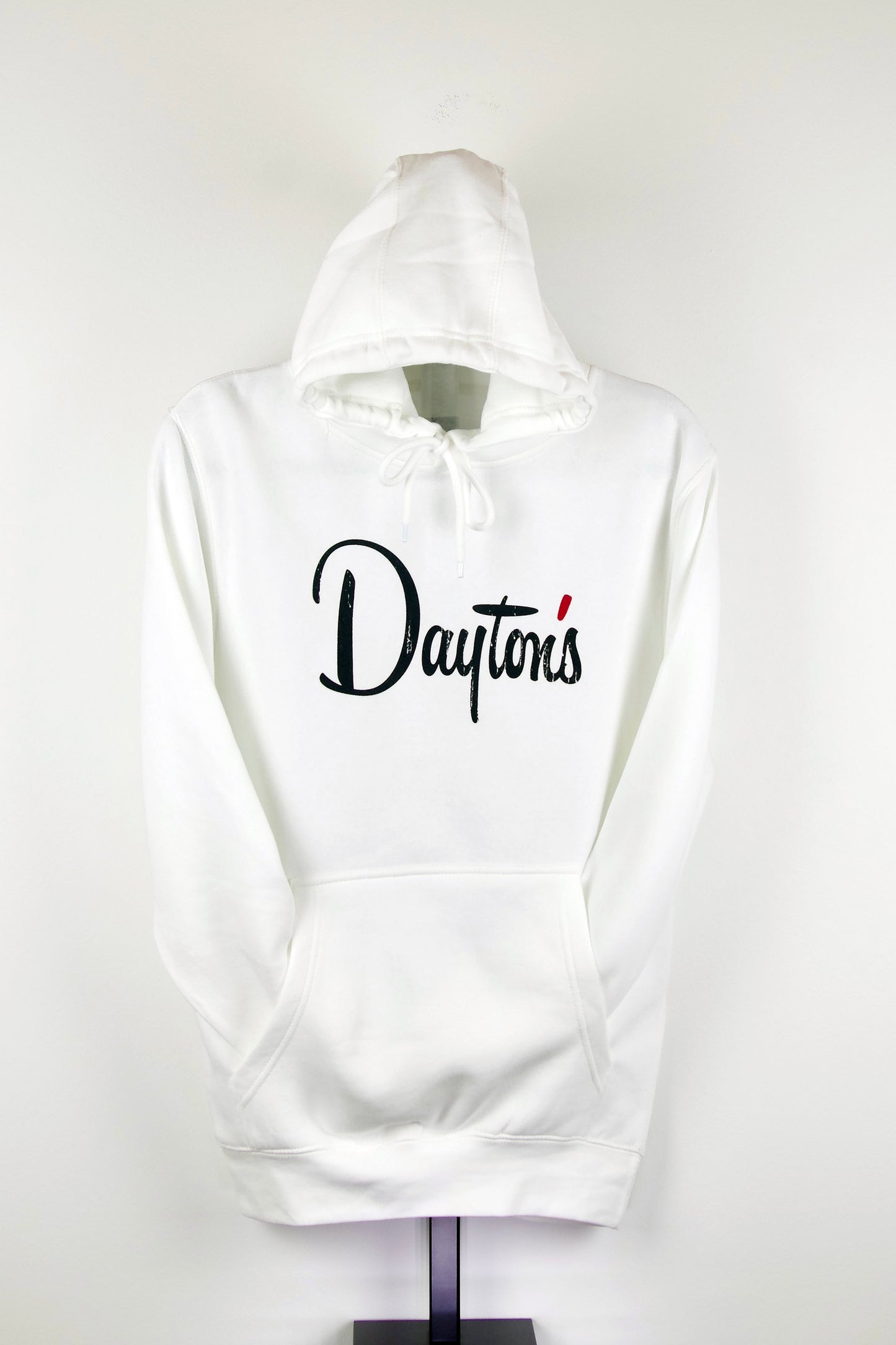 White hoodie with 'Dayton's' text on a mannequin against a white background