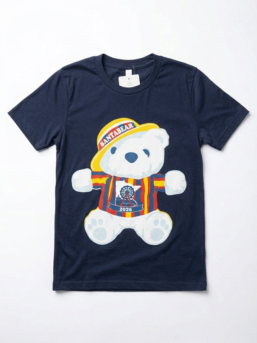 A navy blue short-sleeve t-shirt featuring a large graphic of Summer Santabear wearing a yellow cap and a red, yellow, and blue striped jersey.