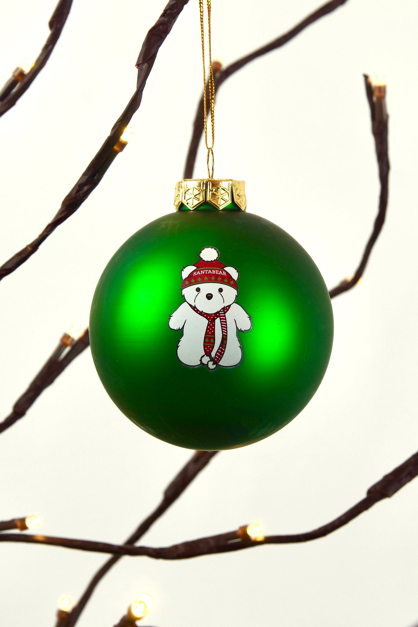 Green Christmas ornament with a Santabear ornament hanging on a branch.