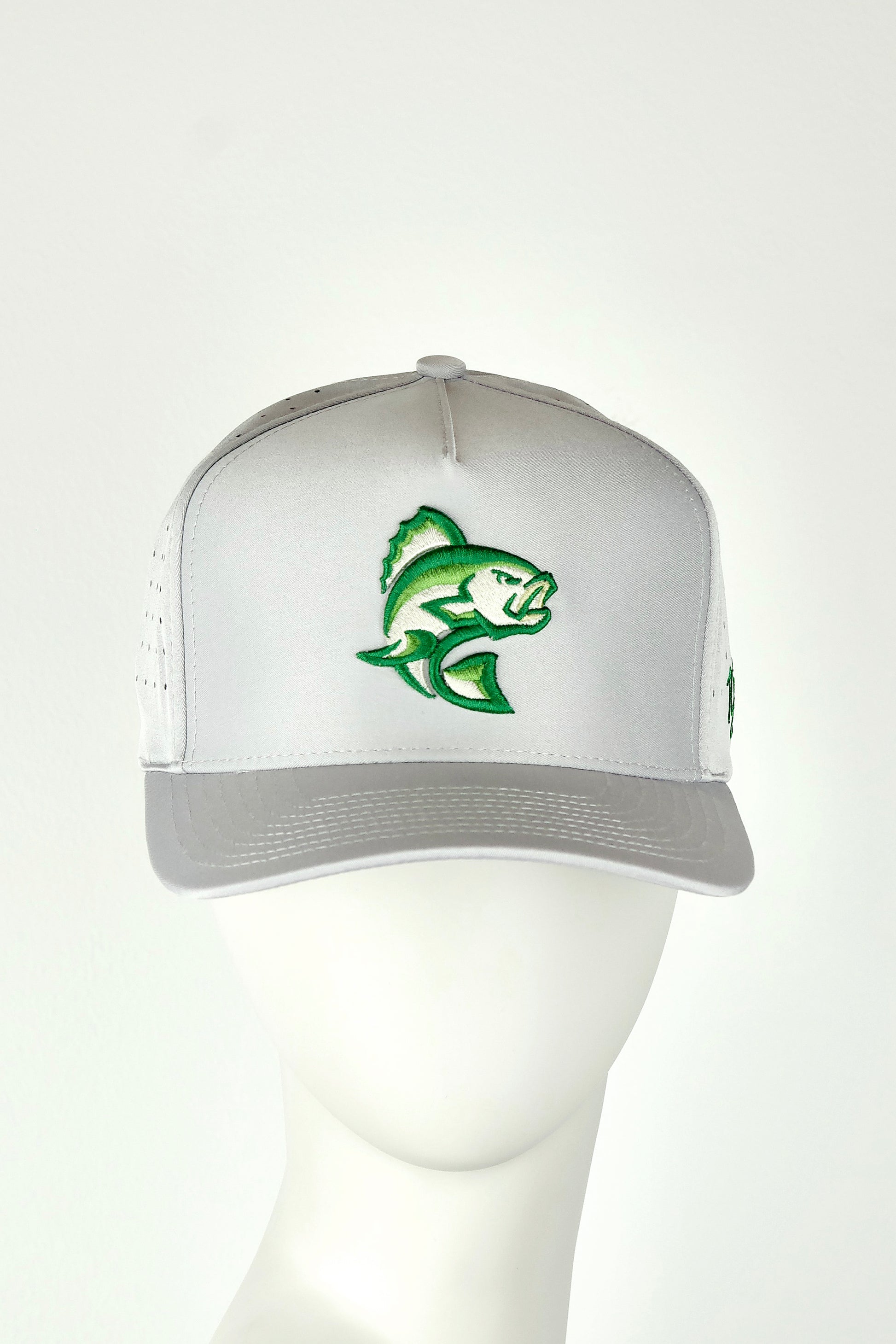 White and gray cap with green fish logo on a white background