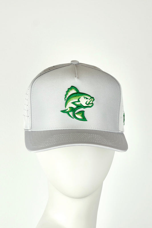 White and gray cap with green fish logo on a white background